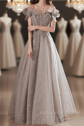 A-Line Semi Formal Prom Dresses Sparkle & Shine Dress Wedding Guest Semi Formal Prom Floor Length Short Sleeve Off Shoulder Polyester With Sequin Ruffles